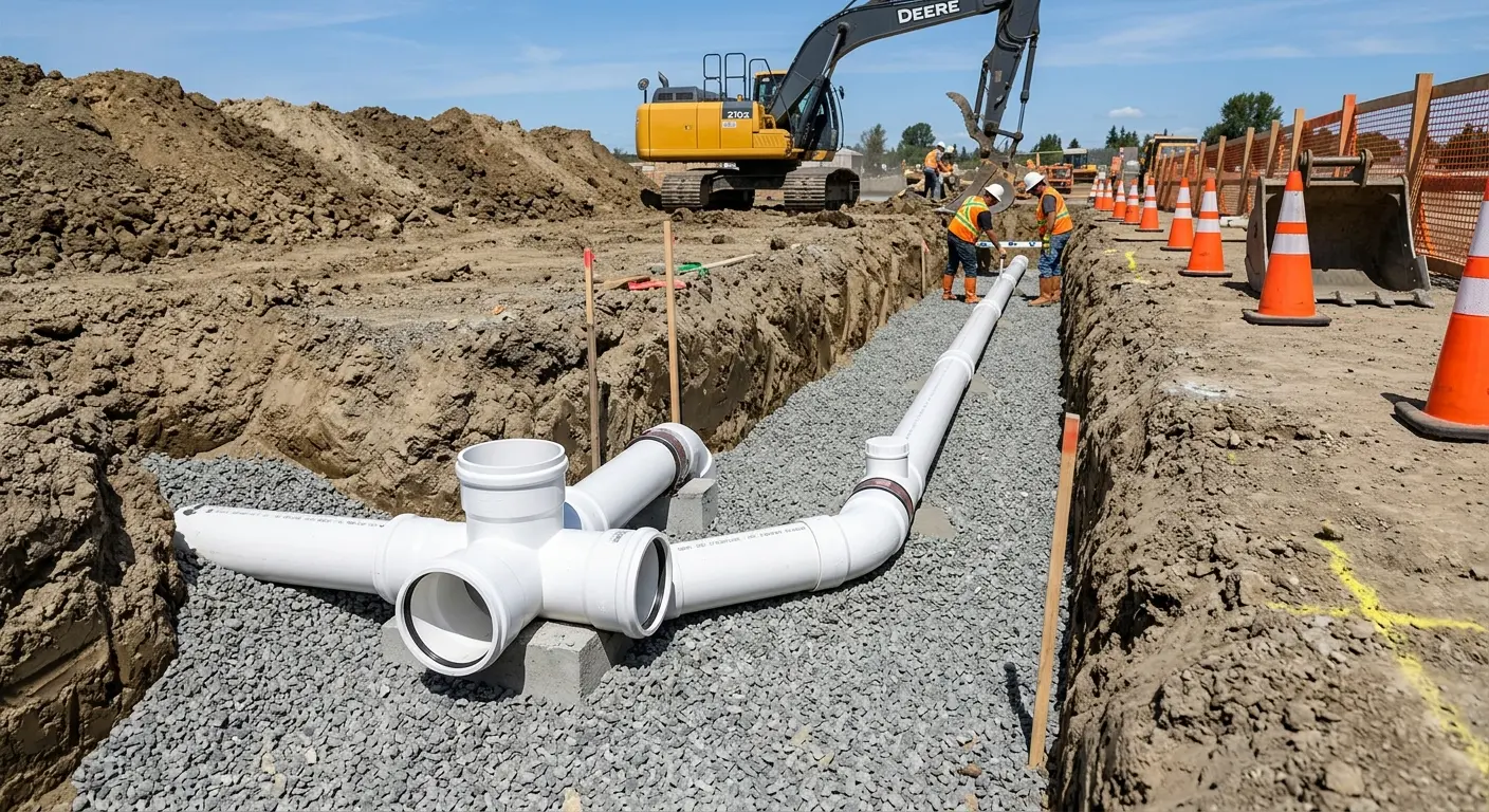 New PVC sewer pipe installation in open trench for Sewer Backup in Cedar Hill