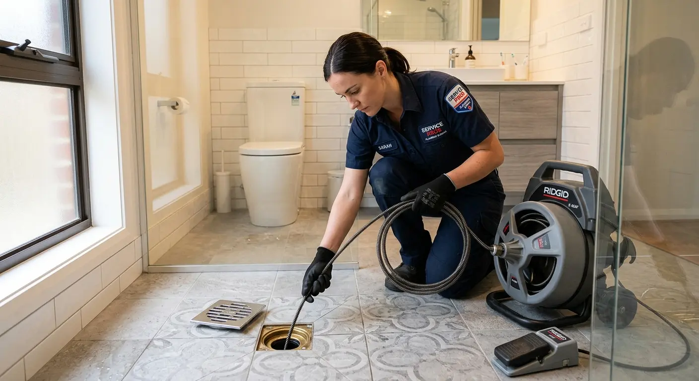 Technician clearing a bathroom floor drain for Hydro Jetting in Cedar Hill